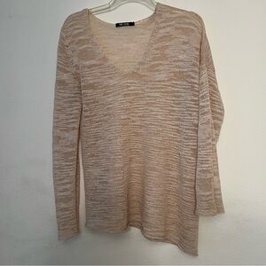Nick + Zoe LG Sheer Loose Knit Biege Slouchy Sweater Over Shoulder Hippie Beachy